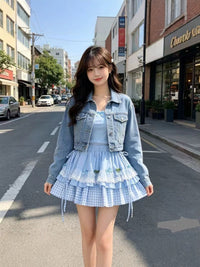 Korean Style Lace Plaid Tiered A-Line Mini Skirt with Lining and Tie Detail