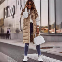 Women's Solid Color Hooded Single-Breasted Mid-Length Cotton Vest