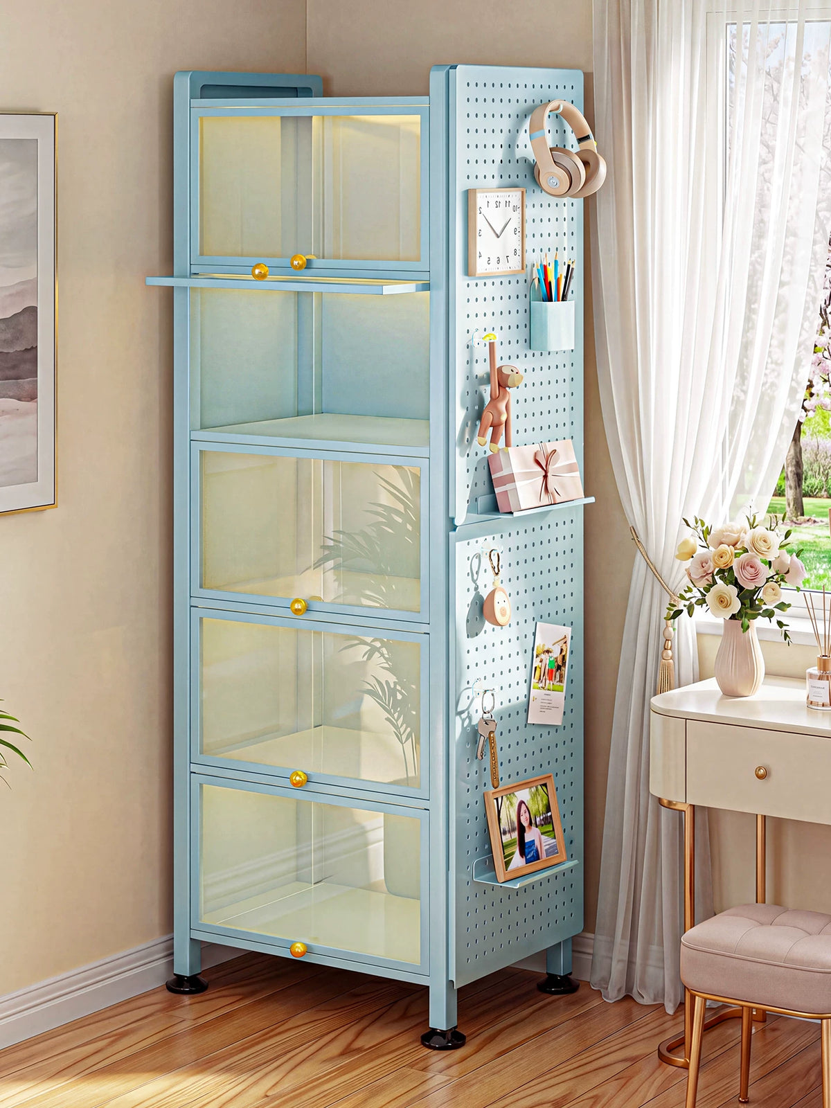 Steel Display Cabinet with Glass Doors for Collectibles and Books, Dustproof Storage Shelf