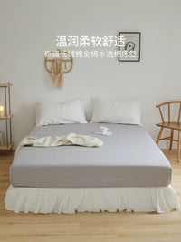Simple Washed Cotton Fitted Sheet Pure Cotton Mattress Protector Solid Color Bed Cover Dust Cover Three-Piece Set