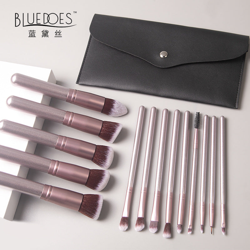 14-Piece Professional Makeup Brush Set with Wooden Handles and Storage Bag