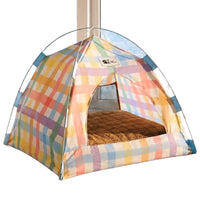 Colorful Plaid Pet Tent Bed Portable Foldable Anti-Tip Cat Dog House Cooling Mat Included