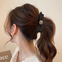 Elegant Pearl Satin Bow Banana Hair Clip for Women's Ponytails
