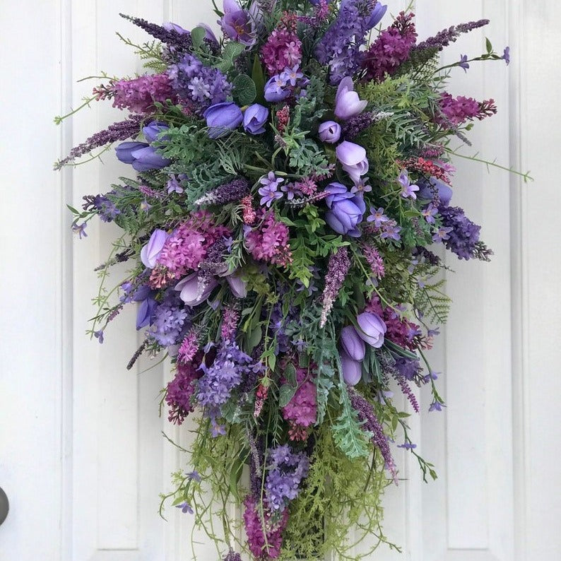 Spring Purple Tulip Lilac Hydrangea Wreath for Front Door Decor