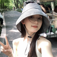 Women's Houndstooth Wide Brim Bucket Hat UV Protection Sun Hat