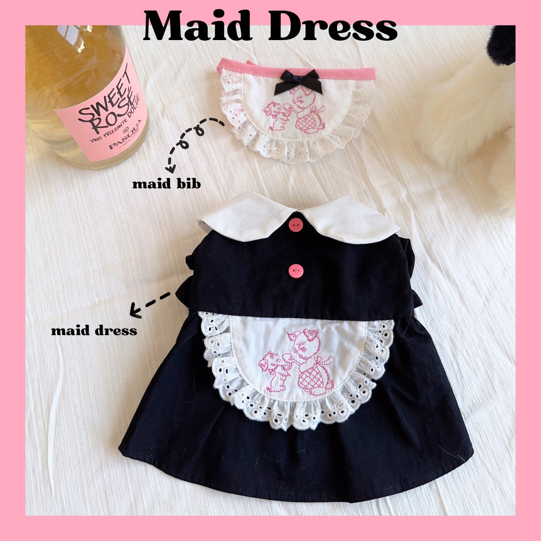 INS Style Korean Black Maid Dress Embroidered Apron Washed Cotton Pet Dog Clothes