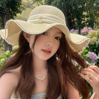 Lace Pearl Bowknot Wide Brim Straw Hat for Women, Summer Beach Vacation Sun Protection