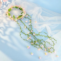 Forest Style Floral Garland Headband with Long Tassels and Green Leaves for Brides and Stage Performances