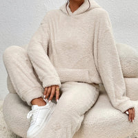 Women's Casual Solid Color Plush Hoodie & Pants Set