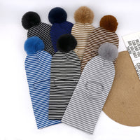 Kids' Striped Knit Beanie with Scarf Set, Winter Warm Hat with Pom-Poms