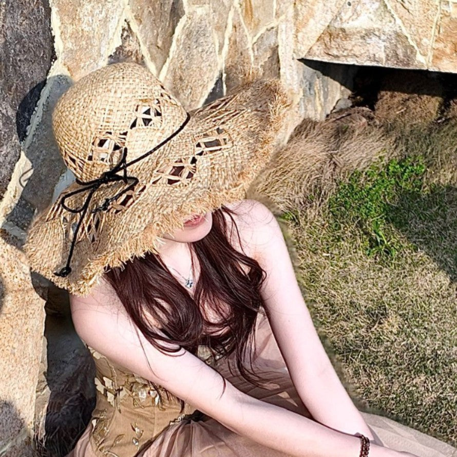 Women's Bowknot Straw Beach Sun Hat with Wide Brim