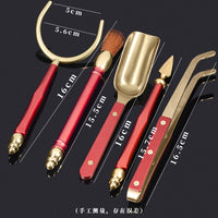 Brass Tea Ceremony Utensil Set with Wooden Handles - 6-Piece Kung Fu Tea Accessories