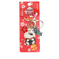 Cute Japanese Lucky Cat Keychain with Koi Fish Charm, Metal Bag Pendant Gift