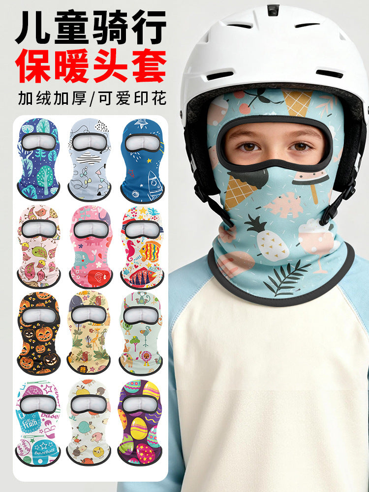Kids' Cartoon Print Fleece Balaclava Ski Mask for Cycling and Cold Weather