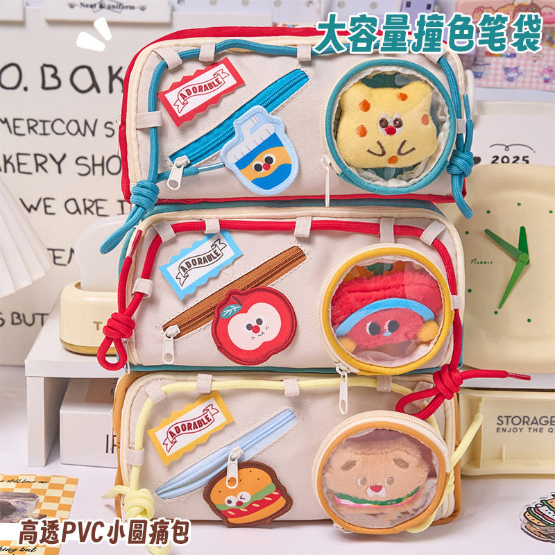Large Capacity Cute Ita Bag Pencil Case Contrast Color for Girls High School Students Stationery Pouch DIY Badge Display