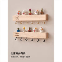 Wall-Mounted Wooden Key Holder with Hooks and Decorative Shelf