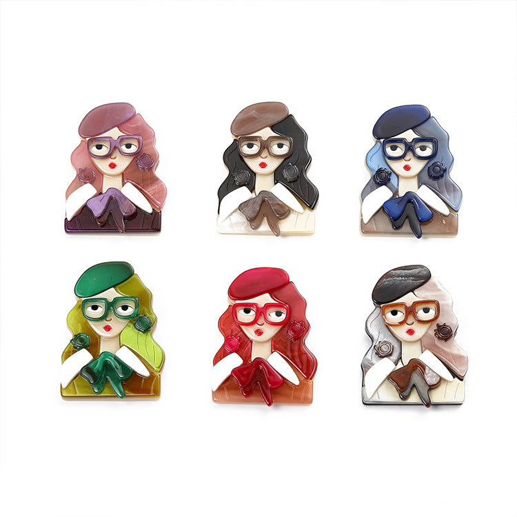 French Style Glasses Cartoon Acrylic Brooch Pin for Women, Anti-Exposure Clothing Accessory