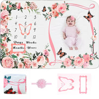 Baby Monthly Milestone Blanket with Headband & Felt Frame, Flannel Photography Background Blanket for Infant Growth
