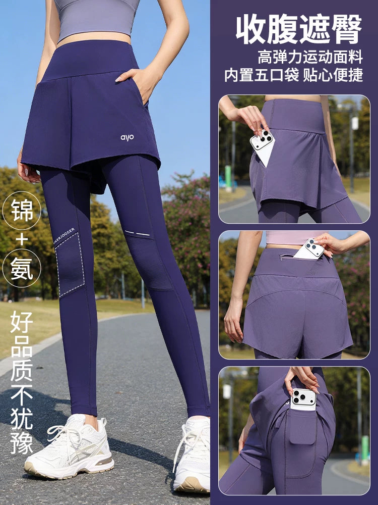 Women's Faux Two-Piece Running Leggings with Compression for Pilates Yoga and Outdoor Workouts