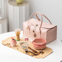 Japanese Matcha Tea Ceremony Set with Ceramic Bowl, Bamboo Whisk, and Portable Leather Bag