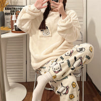 Women's Cartoon Flannel Pajama Set, Thickened Coral Fleece Winter Homewear