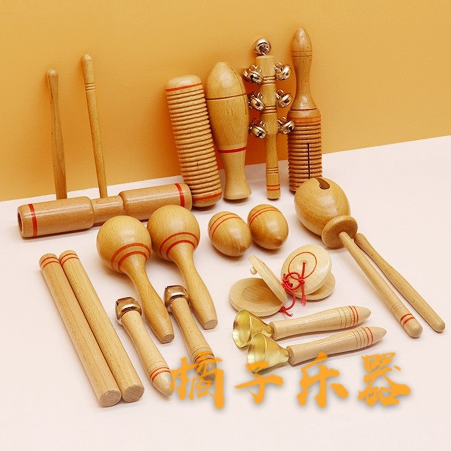 Orff Percussion Instrument Set for Kids - Tambourine, Castanets, Wood Block, Maracas, Double Tone Block