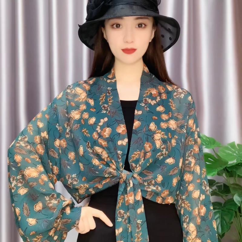 2023 New Wide Sleeve Sun Protection Shawl Ice Silk Chiffon UV Protection Cardigan
