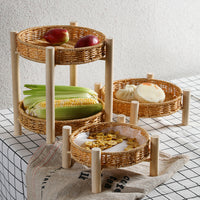 Handwoven Rattan-Style Double-Layer Fruit Basket with Wooden Stand for Living Room Snacks & Afternoon Tea