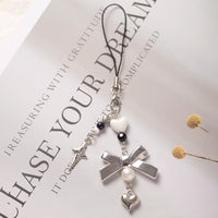 Silver Bowknot Phone Charm & Bag Pendant with Heart Keychain for Instant Camera & Kpop Photocard Decoration