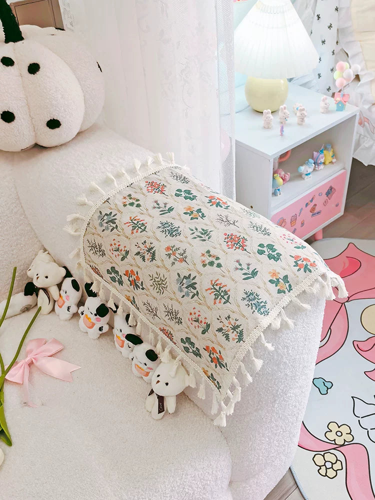 French Cotton Linen Dust Cover for Microwave, Printer, or Sofa Armrest with Floral Lace Trim