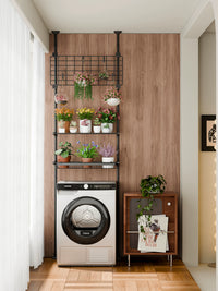 Adjustable Tension Rod Plant Stand with Multi-Tier Shelves and Baskets for Balcony and Indoor Display