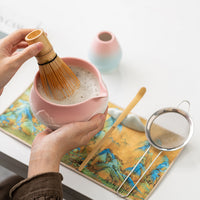 Japanese Matcha Bowl Set with Whisk and Spout, Mountain and Sea Design