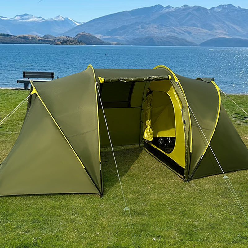 Outdoor Tunnel Tent for Camping, 2 Rooms 1 Hall, Automatic Double-Layer Family Tent