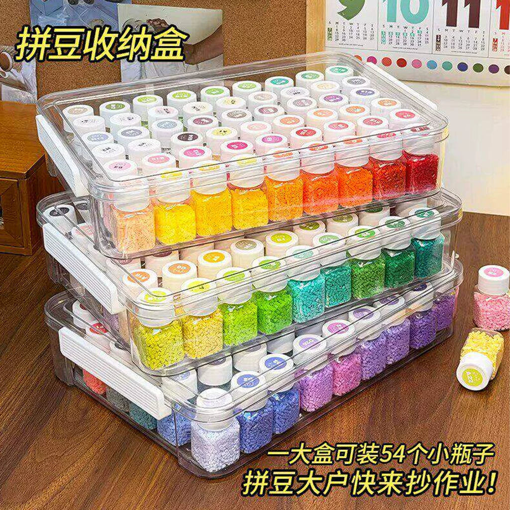Perler Bead Storage Box Set with 54-Color Particle Dispensing Bottles, Large Capacity Transparent Organizer for Craft Tools