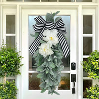 Peony Bunny Ear Wreath Farmhouse Black White Stripe Bow Faux Flower Door Hanger