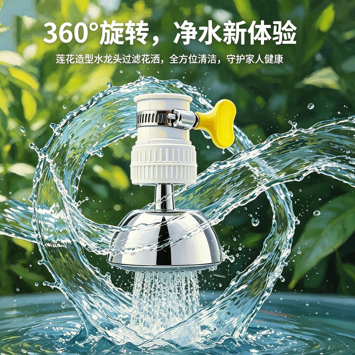 Lotus Shower Faucet Water Filter with Splash Guard and Rotatable Extension for Kitchen