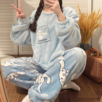 Women's Cartoon Flannel Pajama Set, Thickened Coral Fleece Winter Homewear