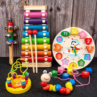 Kids Wooden Xylophone Lacing Clock Rainbow Stacking Blocks Educational Toy Set