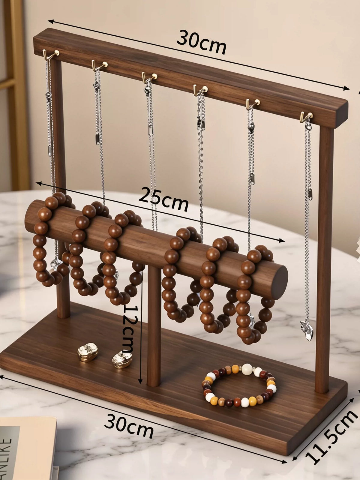 Solid Wood Jewelry Organizer Stand with Multiple Tiers for Necklaces and Bracelets