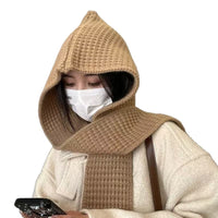 Hooded Scarf and Beanie Set for Winter, Solid Color Warm Knit Scarf and Hat Combo