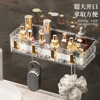 Wall-Mounted Bathroom Shelf with Hooks, No-Drill Organizer for Toiletries and Cosmetics