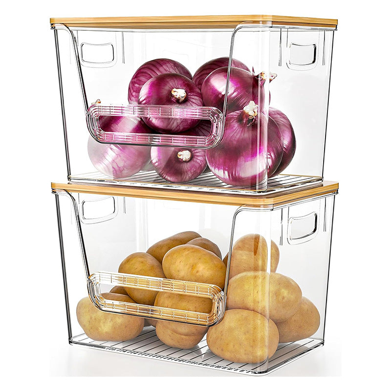 Stackable Clear Plastic Storage Bins with Bamboo Lids and Card Slots for Home Organization