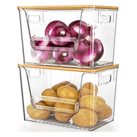 Stackable Clear Plastic Storage Bins with Bamboo Lids and Card Slots for Home Organization