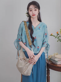 Tang Palace Night Banquet Hanfu Inspired Zen Tea Suit for Women - Improved Chinese Style Top and Wide-Leg Pants Set
