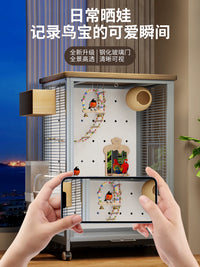 Large Splash-Proof Bird Cage with Glass Sides for Parrots, Budgies, Cockatiels, Lovebirds, and Monk Parakeets - Luxury Home Villa Design