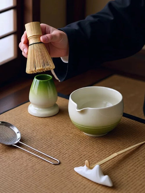 Ceramic Matcha Bowl Set with Whisk and Scoop, Japanese Style Gradient Glaze