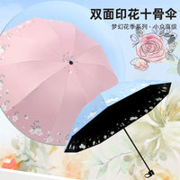 Double-Sided Floral Print 10-Rib Folding Sun Umbrella for Outdoor UV Protection