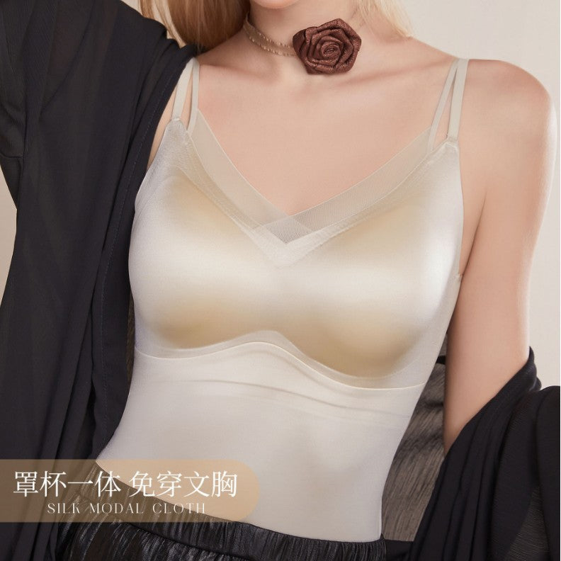Seamless Satin Bralette Camisole with Built-in Bra, Plus Size Anti-Exposure Backless Top