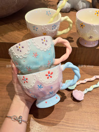 Embossed Butterfly Ceramic Mug with Spoon, Large Capacity Underglaze Coffee Tea Cup, Breakfast Milk Mug for Women