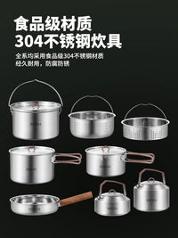 Outdoor Camping Cookware Set with Kettle and Frying Pan, Stainless Steel Portable Cooking Pot for Backpacking and Travel